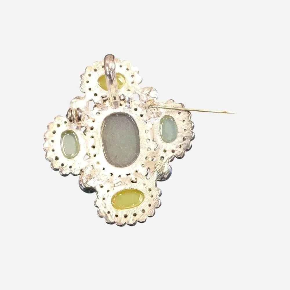 Yellow And Green  Multicolored Brooch With Oval And Round Gemstones